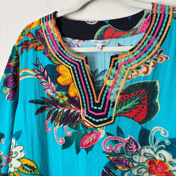 John Mark 1X Boho Vacation Tropical Floral Print Tunic Top Embroidered Trims - Picture 6 of 11